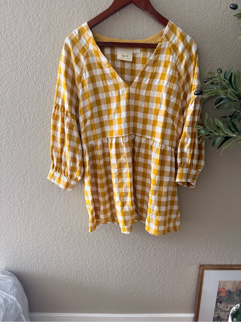 Maeve by Anthropologie April Gingham Babydoll Blouse Mustard Yellow Small